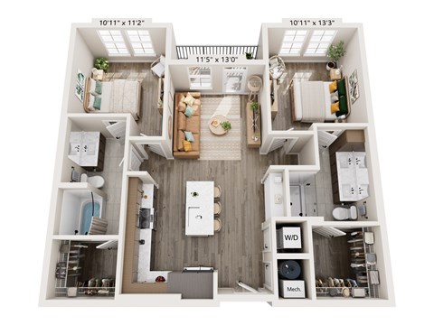 A floor plan of a small apartment with a kitchen, living room, and bathroom.